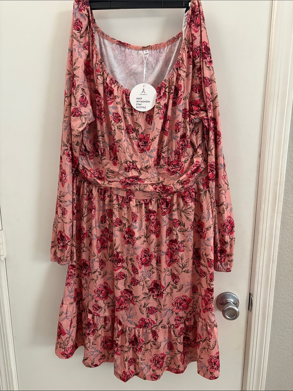Anrabess Women's Pink Floral Lantern Long-Sleeve Ruffle Dress SZ XL Cottagecore
